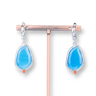 Cat's Eye Bronze Ohrstecker Set 16x38mm Blau Rhodium