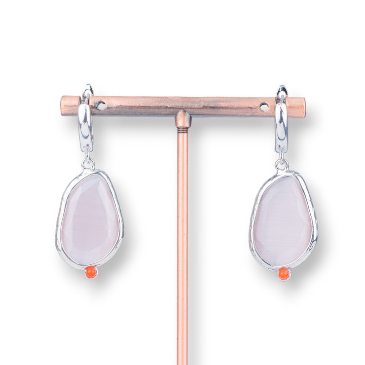 Bronze Stud Earrings With Cat's Eye Set 16x38mm Rhodium Plated Powder