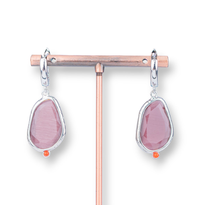 Pendientes de botón de bronce con ojo de gato engastados 16x38 mm Rodio morado