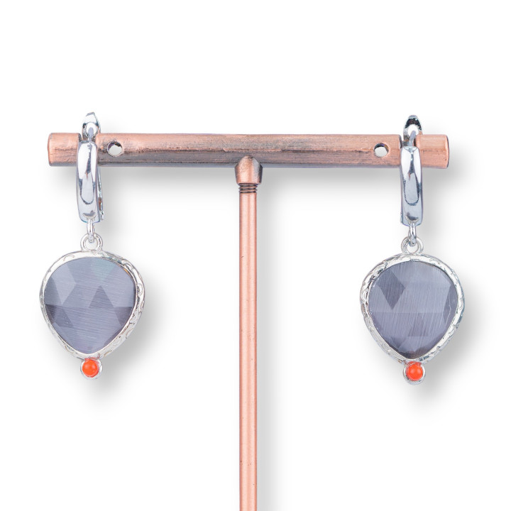 Bronze Stud Earrings with Cat's Eye Set 17x35mm Gray