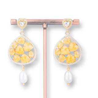 Coure Bronze Stud Earrings with Cat's Eye Drop and Freshwater Pearls 25x55mm Yellow