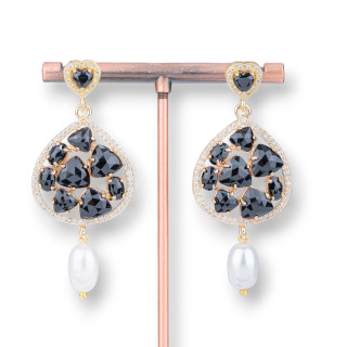 Σκουλαρίκια Coure Bronze Stud με Cat's Eye Drop και Πέρλες γλυκού νερού 25x55mm Μαύρο