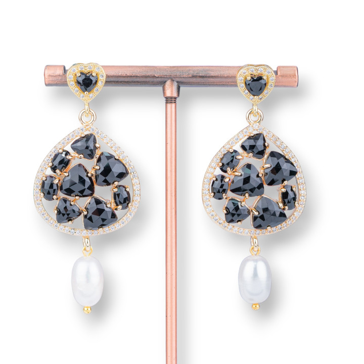 Σκουλαρίκια Coure Bronze Stud με Cat's Eye Drop και Πέρλες γλυκού νερού 25x55mm Μαύρο