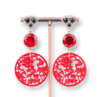 Bronze-Ohrstecker mit Katzenaugen und Zirkonen mit Harzblumen 32x68mm Rot