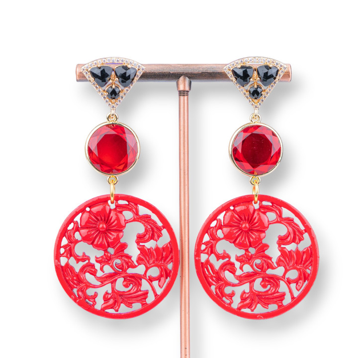 Bronze Stud Earrings with Cat's Eye and Zircons with Resin Flowers 32x68mm Red