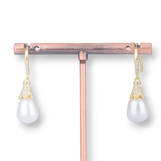 Orecchini Monachella Di Argento 925 Con Zirconi E Perle Di Fiume 10x35mm Misura Perla 10x12mm Dorato