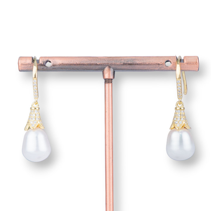 Orecchini Monachella Di Argento 925 Con Zirconi E Perle Di Fiume 10x35mm Misura Perla 10x12mm Dorato