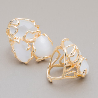 Bague Bronze Oeil de Chat 32x36mm Taille Ajustable Doré MOD62 Blanc