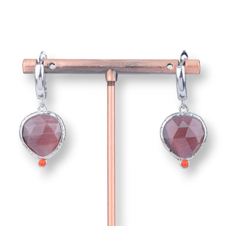 Bronze Stud Earrings with Cat's Eye Set 17x35mm Purple