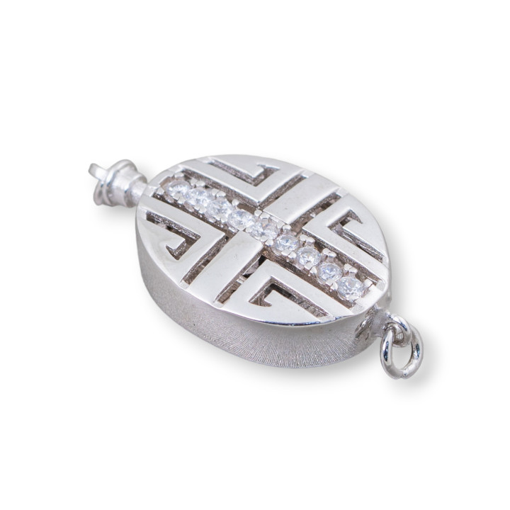 Chiusura Di Argento 925 Fantasia Ovale Con Zirconi Con Meccanismo a Pulsante 15x20mm 1pz Rodiato