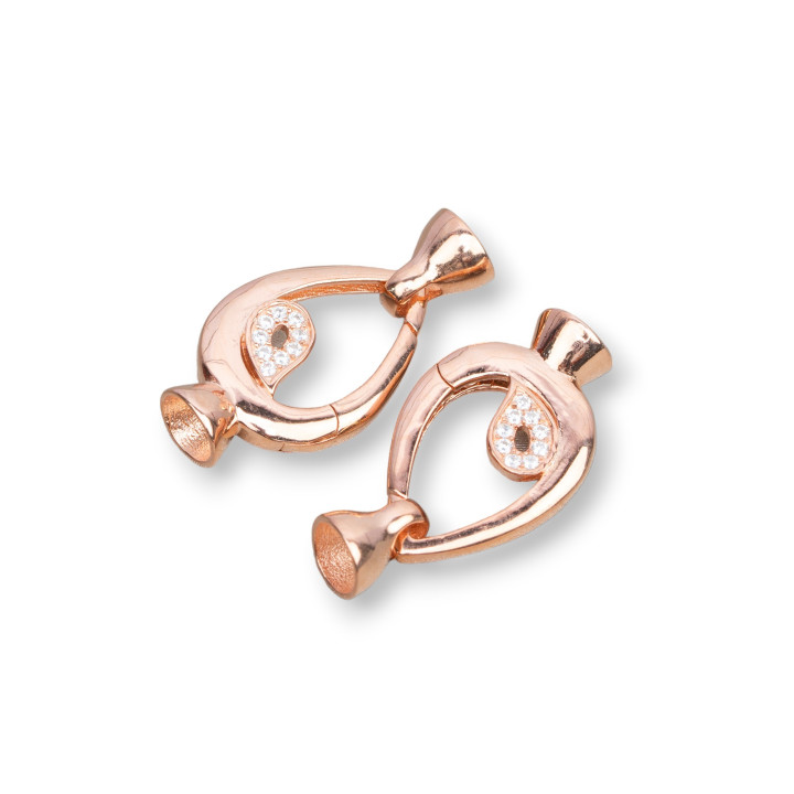 Chiusura Di Argento 925 Con Zirconi A Scatto Goccia Con Coppette 13x26mm 3pz Oro Rosa