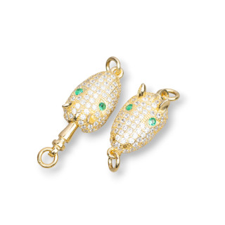 Cierre De Plata De Ley 925 Con Micropave De Circonitas Cabeza De Armadillo 8,5x14mm 4pzs Dorado Con Ojo Verde