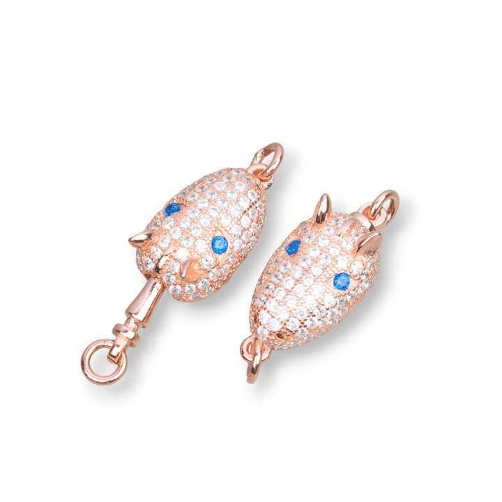 Cierre Plata 925 Con Micropave Circonitas Cabeza Armadillo 8,5x14mm 4pzas Oro Rosa Con Ochhio Azul