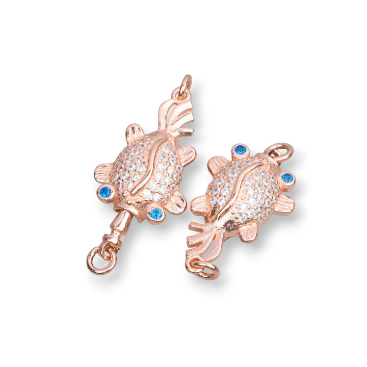 Chiusura Di Argento 925 Con Zirconi Pesce Rosso 13x20mm 2pz Oro Rosa Blu