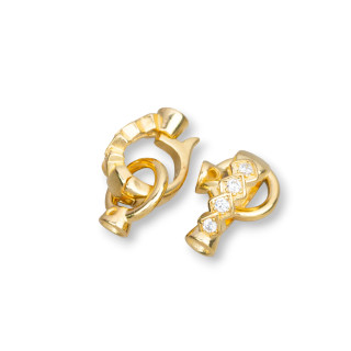 Chiusura Di Argento 925 Doppio Cerchio Con Zirconi 10x18mm 4 Rombi E Coppetta Da 4mm 3pz Dorato