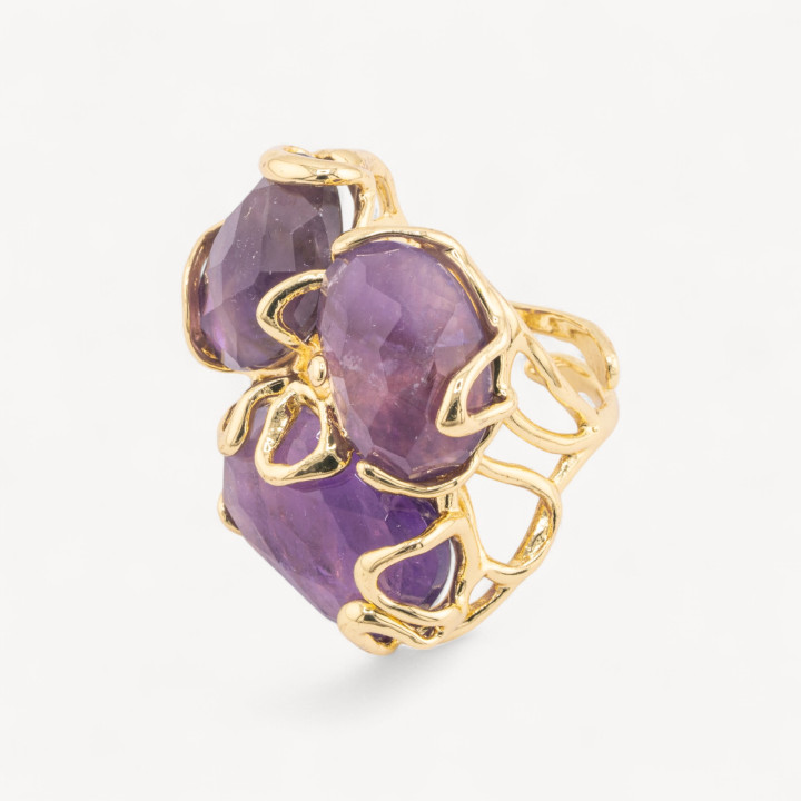 Bronzering mit harten Steinen 32 x 36 mm, verstellbare Größe, goldener Amethyst