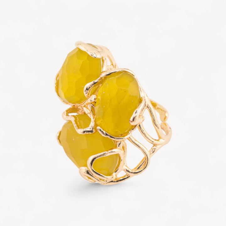 Anello Regolabile in Bronzo Dorato Collezione AURORA con Pietre Dure Giada Senape | Gioiello Artigianale Donna 32x36mm