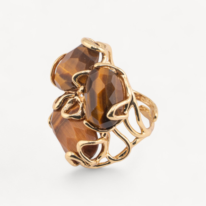 Bague Bronze Pierres Dures 32x36mm Taille Ajustable Oeil de Tigre Doré