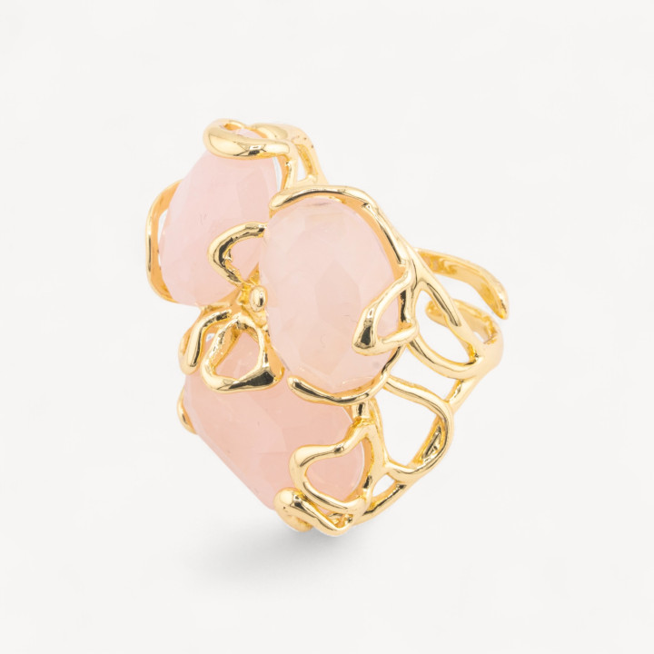 Anello Regolabile in Bronzo Dorato Collezione AURORA con Pietre Dure Quarzo Rosa | Gioiello Artigianale Donna 32x36mm