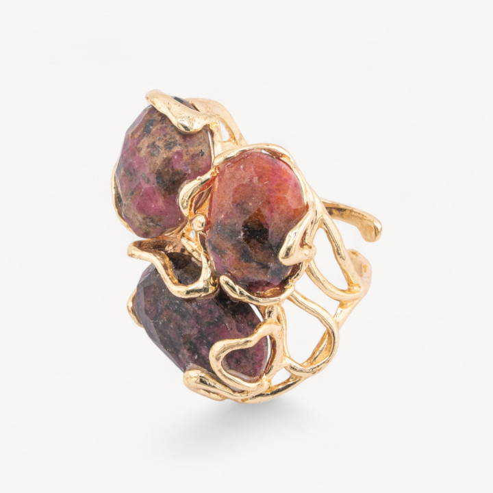 Anillo Bronce Con Piedras Duras 32x36mm Tamaño Ajustable Rodonita Dorada