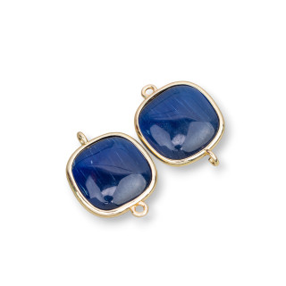 18mm Square Cat's Eye Brass Component Connector with 2 Rings 8pcs Sapphire Blue