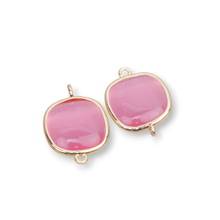 18mm Carré Cat Eye Laiton Composant Connecteur Avec 2 Anneaux 8pcs Fuchsia