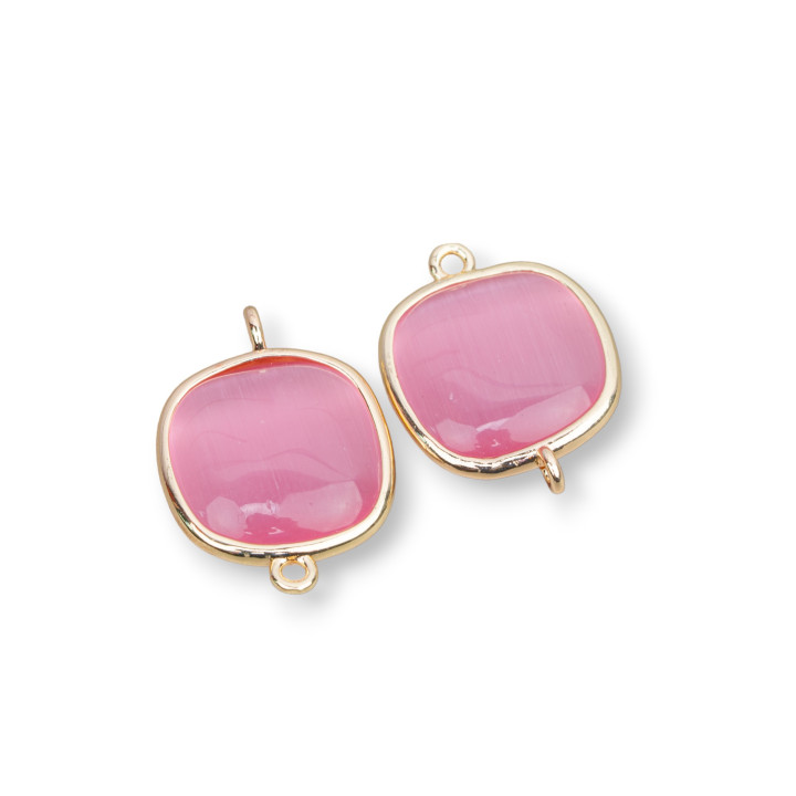 18mm Square Cat's Eye Brass Component Connector with 2 Rings 8pcs Fuchsia