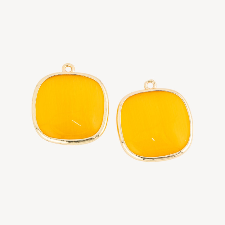 22mm Square Cat's Eye Brass Component Connector with 1 Ring 6pcs Yellow