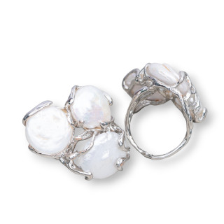 Bague Bronze Avec Perles De Rivière Taille Ajustable 32x36mm Rhodié