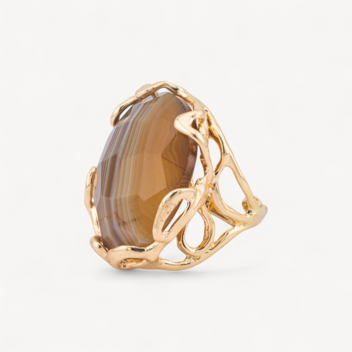 Bague Bronze Avec Pierre Naturelle Irrégulière 28x32mm Taille Ajustable Agate Brune Rayée Dorée