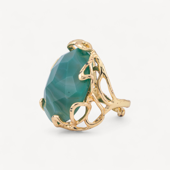 Anillo De Bronce Con Piedra Natural Irregular 28x32mm Tamaño Ajustable Ágata Verde Estriada Intensa Dorada