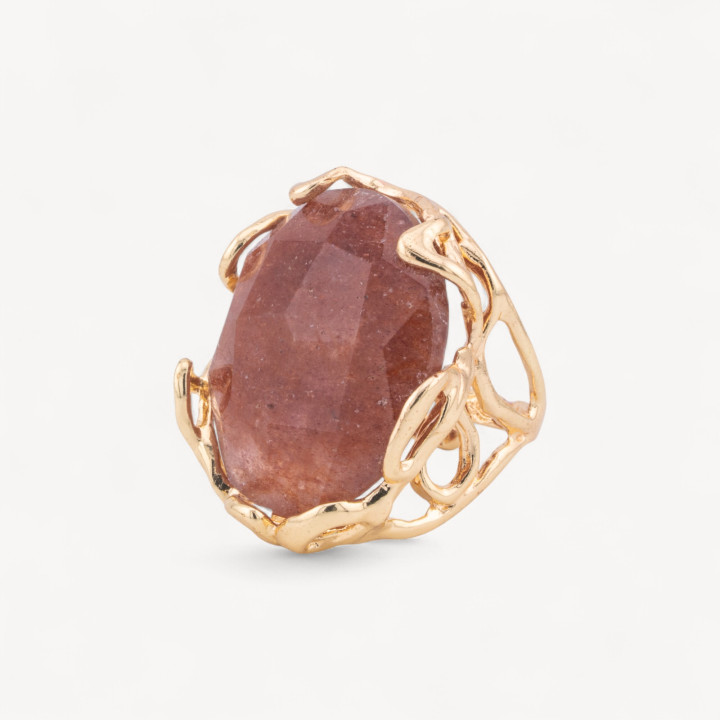 Bronze Ring With Irregular Natural Stone 28x32mm Adjustable Size Golden Strawberry Quartz