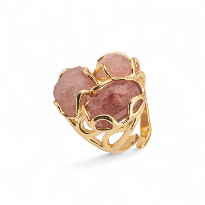 Anillo De Bronce Con Piedras Naturales 25x27mm Tamaño Ajustable Cuarzo Fresa Dorado