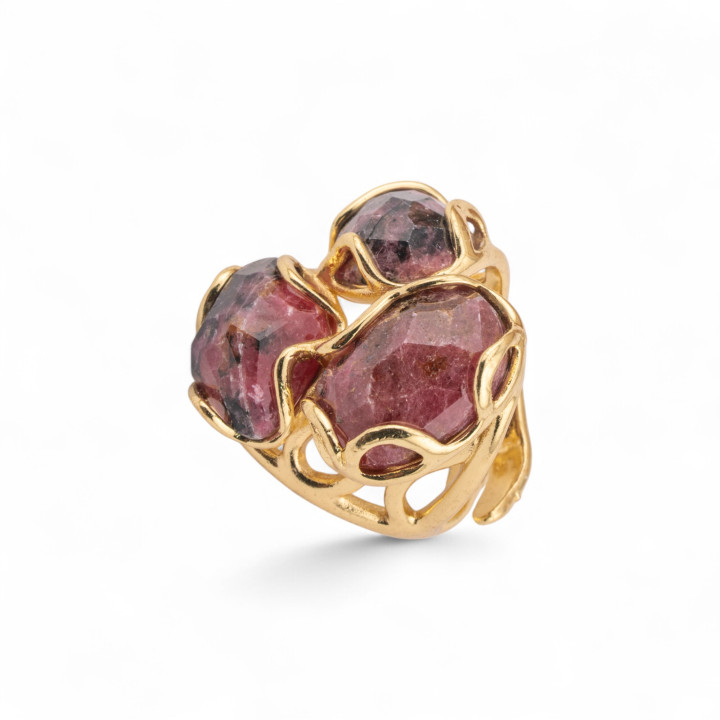 Bague Bronze Avec Pierres Naturelles 25x27mm Taille Ajustable Rhodonite Dorée