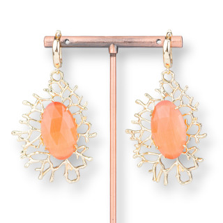 Bronze Hook Earrings With Twig Pendant With Cabochon 35x63mm Orange