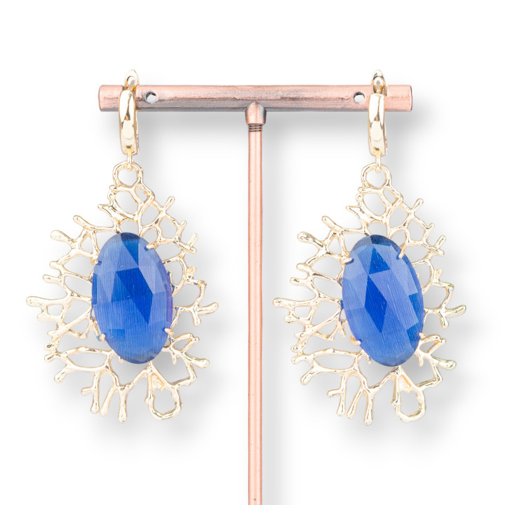 Boucles D'oreilles Crochet Bronze Avec Pendentif Brindilles Avec Cabochon 35x63mm Bleu