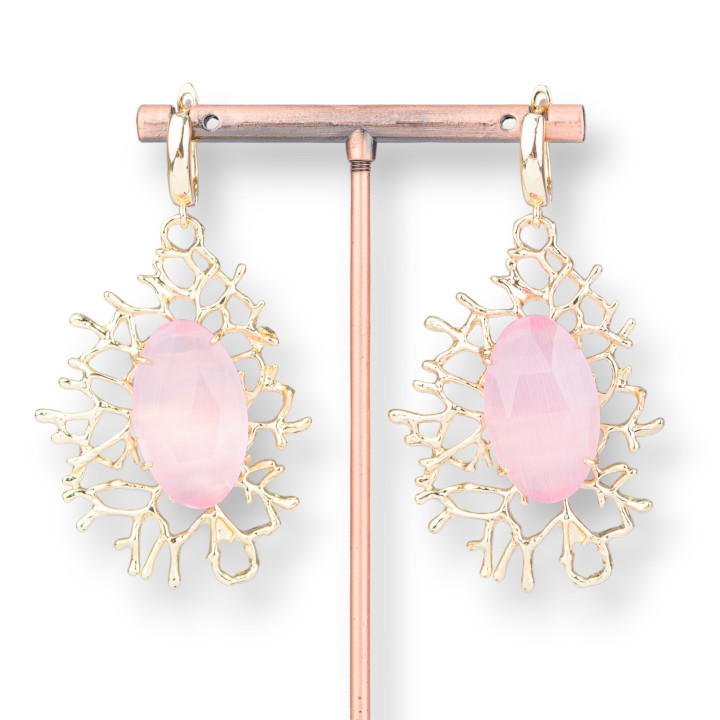 Bronze Hook Earrings With Twig Pendant With Cabochon 35x63mm Pink