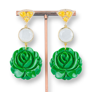 Boucles D'oreilles Tiges Bronze Oeil De Chat Et Zircons Fleurs Résine Verte 32x68mm
