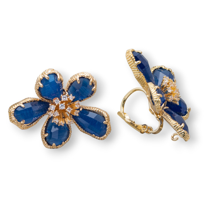 Boucles d'Oreilles Bronze Fleur Oeil de Chat 5 Pétales 24x32mm 1 Paire Bleu