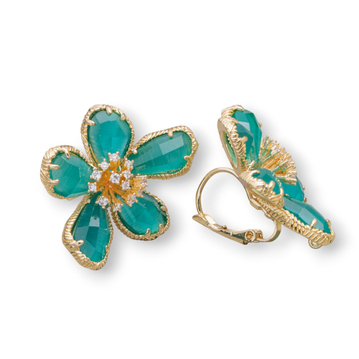 Boucles d'Oreilles Bronze Fleur Oeil de Chat 5 Pétales 24x32mm 1 Paire Vert