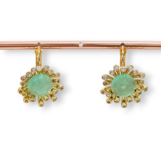 Bronze Closed Hook Earrings With Zircons And Cat's Eye 22x29mm Golden And Aqua Green