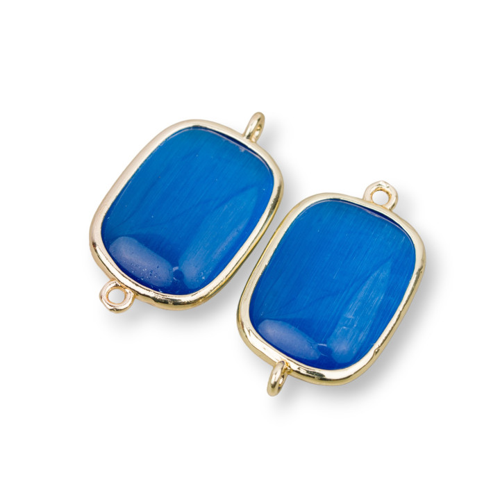 Brass Component Connector With Cat's Eye Rectangle 16x21mm With 2 Rings 8pcs Blue