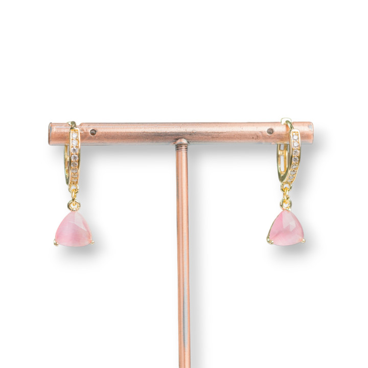 Boucles D'oreilles Créoles Fermées Bronze Avec Zircons Et Pendentif Triangle En Oeil De Chat 9x26mm Rose