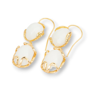 Pendientes Gancho Bronce Con Ojo De Gato 16x44mm 1 Par Agata Blanca Dorada