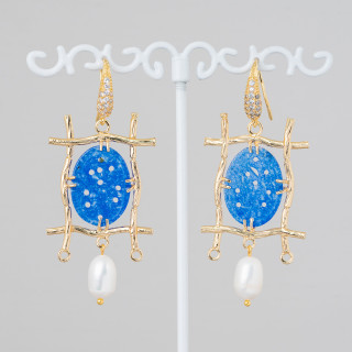Bronze Lever Earrings With Rhinestones And Burmese Jade Component With River Pearls 27x60mm Blue