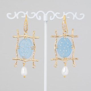 Bronze Lever Earrings With Rhinestones And Burmese Jade Component With River Pearls 27x60mm Light Blue