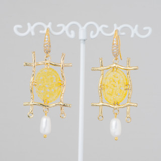 Bronze Lever Earrings With Rhinestones And Burmese Jade Component With River Pearls 27x60mm Yellow