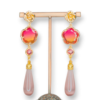 Bronze Flower Earrings with Cat's Eye Set and Drops 18x82mm MOD3