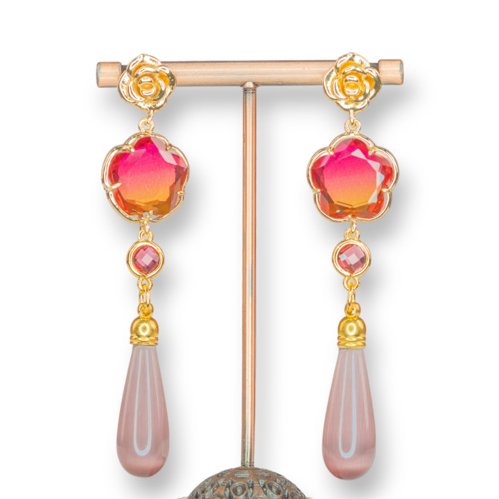 Orecchini A Monachella Di Bronzo Fiore Con Occhio Di Gatto Incastonato e Gocce 18x82mm MOD3