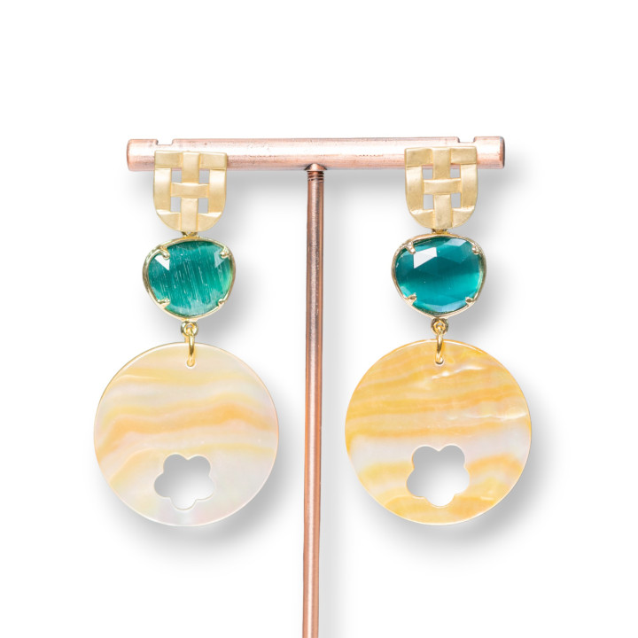 Boucles D'oreilles Tiges En Bronze Avec Oeil De Chat Incrusté Et Nacre Ronde Avec Fleur 30x64 mm Vert Emeraude